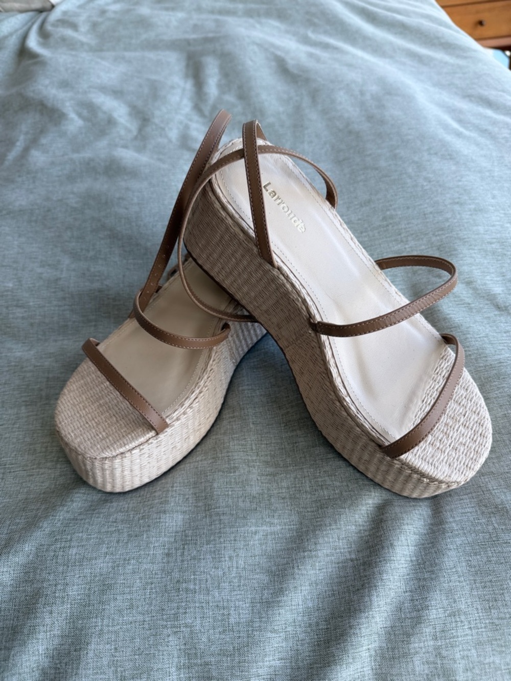 Larroude Neutral Woven Platform Sandals with Brown Straps